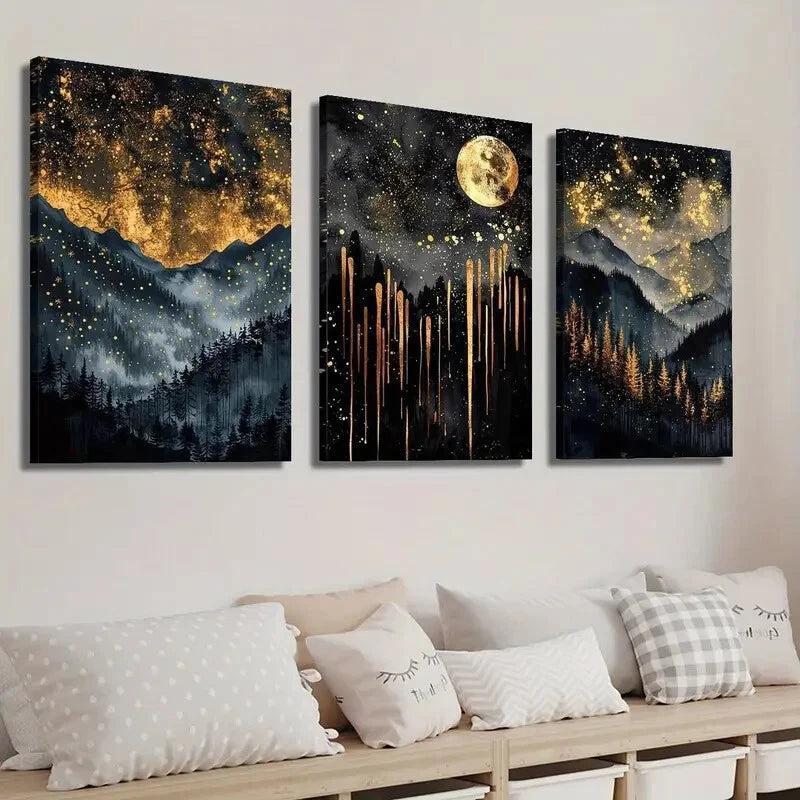 3pcs Abstract Starry Celestial Sky Black Perfect Wall Art Set Canvas Framed 40x60cm - High Quality Print 100% Australian Made Wall Canvas Ready to Hang