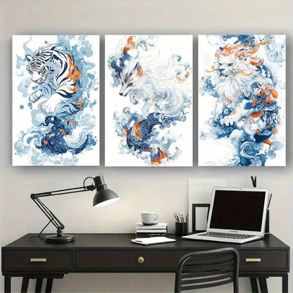 3pcs Abstract Tiger Wolf & Lion White Blue Clouds Metal Print Ready to Hang Art