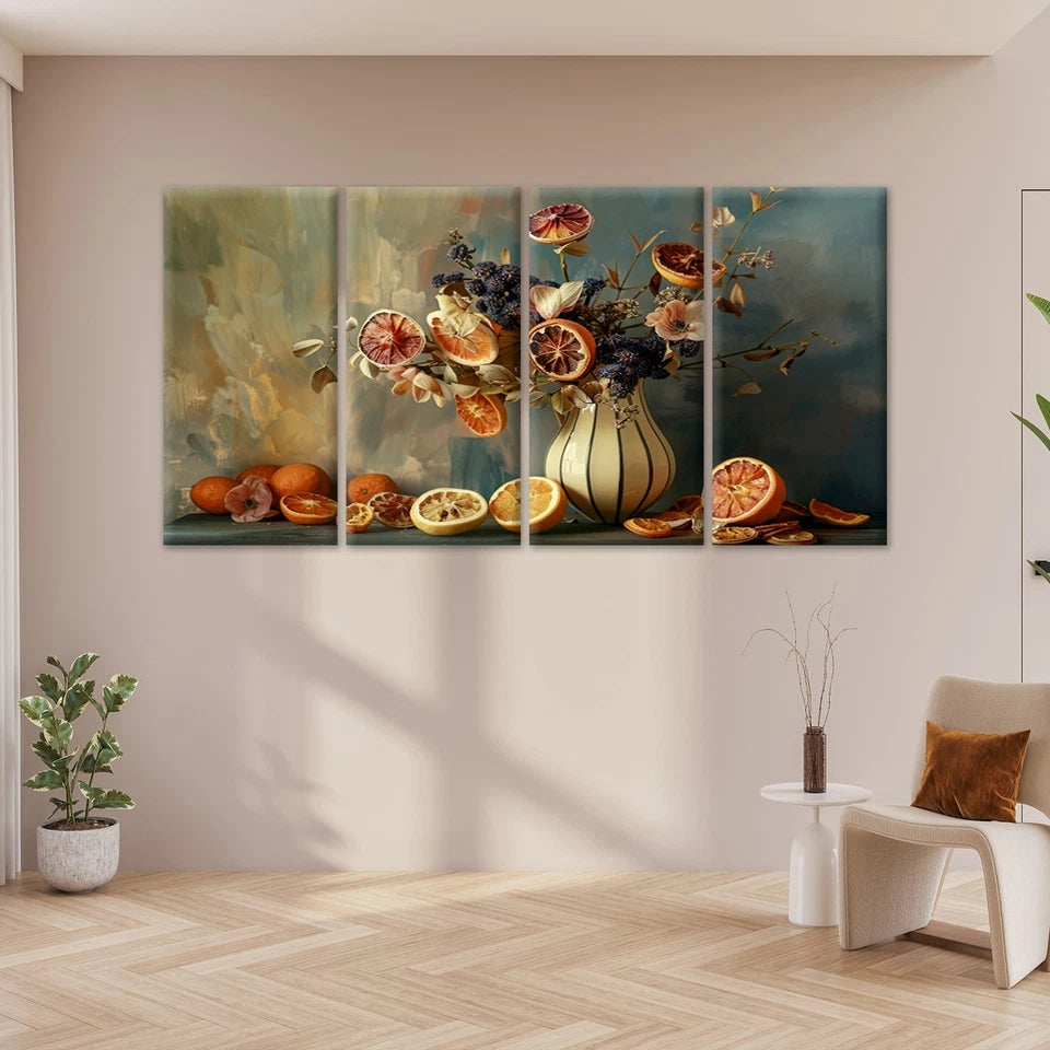 4pcs Vintage Still Life Citrus Vase Painting Wall Art Canvas Framed 45x80cm - High Quality Print 100% Australian Made Wall Canvas Ready to Hang