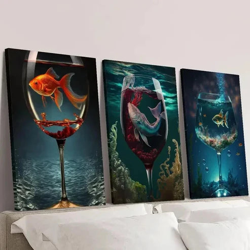 3pcs Aquarium in a Wine Glass Sea Life Wall Art Canvas Unframed – High Quality Print 100% Australian Made Wall Canvas