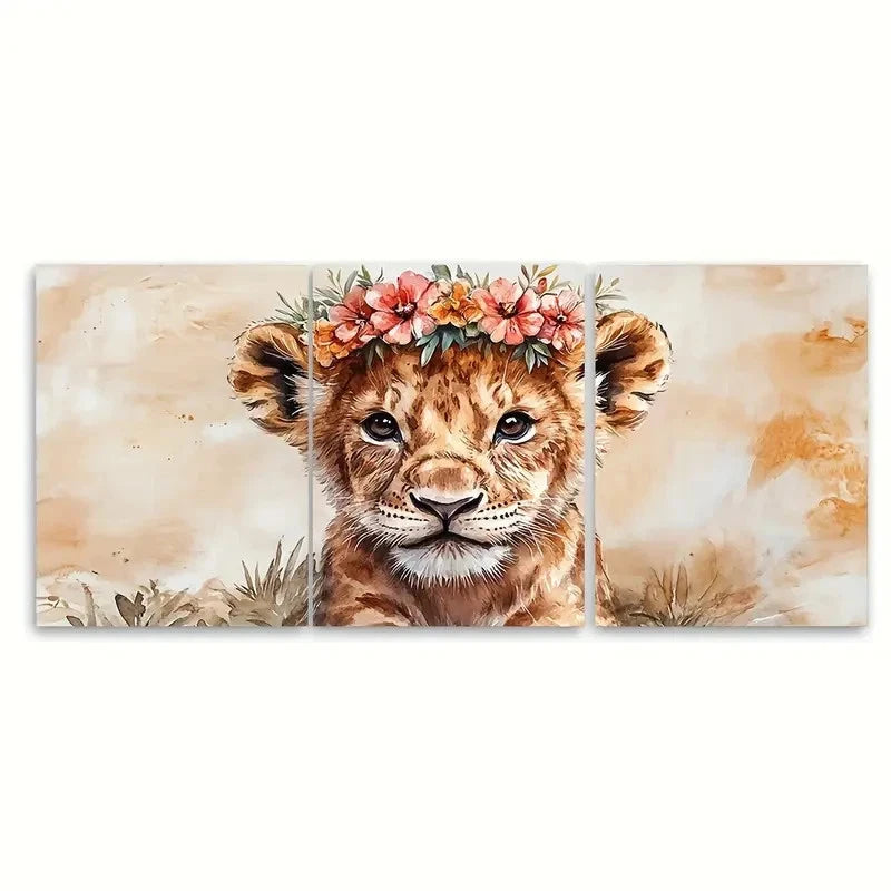 3pcs Watercolour Lion Cub with Flower Crown TI Wall Art Set Canvas Framed 40x60cm - High Quality Print 100% Australian Made Wall Canvas Ready to Hang