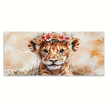 3pcs Watercolour Lion Cub with Flower Crown TI Wall Art Set Canvas Framed 40x60cm - High Quality Print 100% Australian Made Wall Canvas Ready to Hang