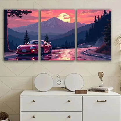 3pcs Red Sports Car On Mountain Road Wall Art Set Canvas Framed 50x70cm - High Quality Print 100% Australian Made Wall Canvas Ready to Hang