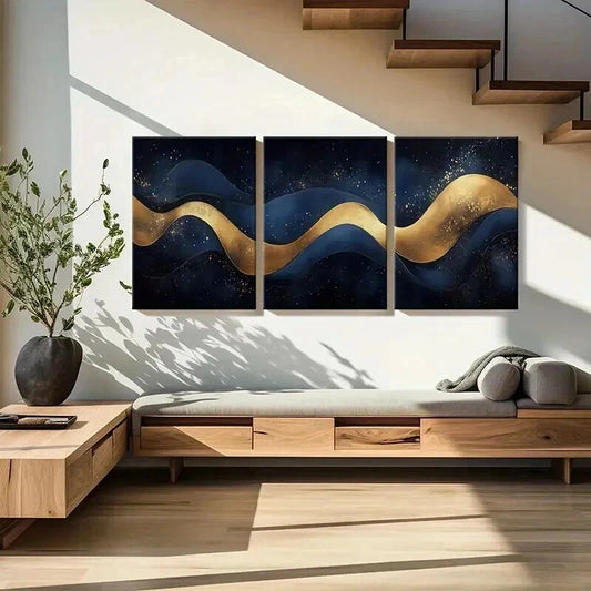 3pcs Golden Waves Dark Sky Sparkling Stars Wall Art Set Canvas Framed 40x60cm - High Quality Print 100% Australian Made Wall Canvas Ready to Hang