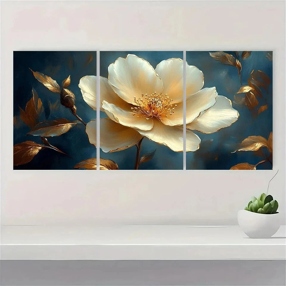 3pcs Elegant Golden Floral Vintage White Golden Metal Print Ready to Hang Art
