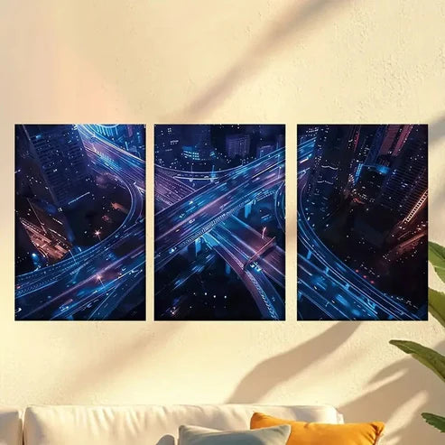 3pcs Night Cityscape with Blue & Purple Lights 40x60cm - High Quality Print 100% Australian Made Wall Canvas Ready to Hang