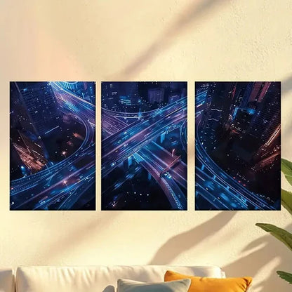3pcs Night Cityscape with Blue & Purple Lights 40x60cm - High Quality Print 100% Australian Made Wall Canvas Ready to Hang
