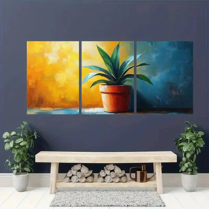 3pcs Vibrant Abstract Potted Plant Theme Metal Print Ready to Hang Art