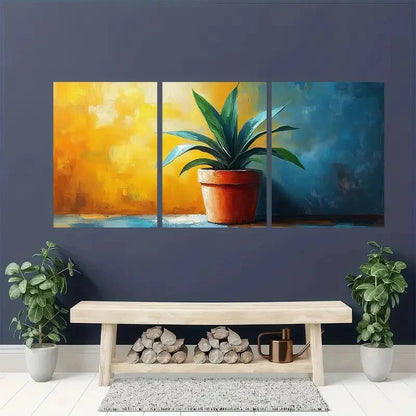 3pcs Vibrant Abstract Potted Plant Theme Metal Print Ready to Hang Art