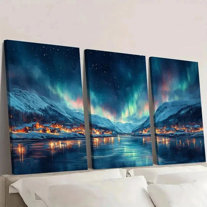 3pcs Tromsø Northern Lights Arctic Coastal Wall Art Set Canvas Framed 40x60cm - High Quality Print 100% Australian Made Wall Canvas Ready to Hang