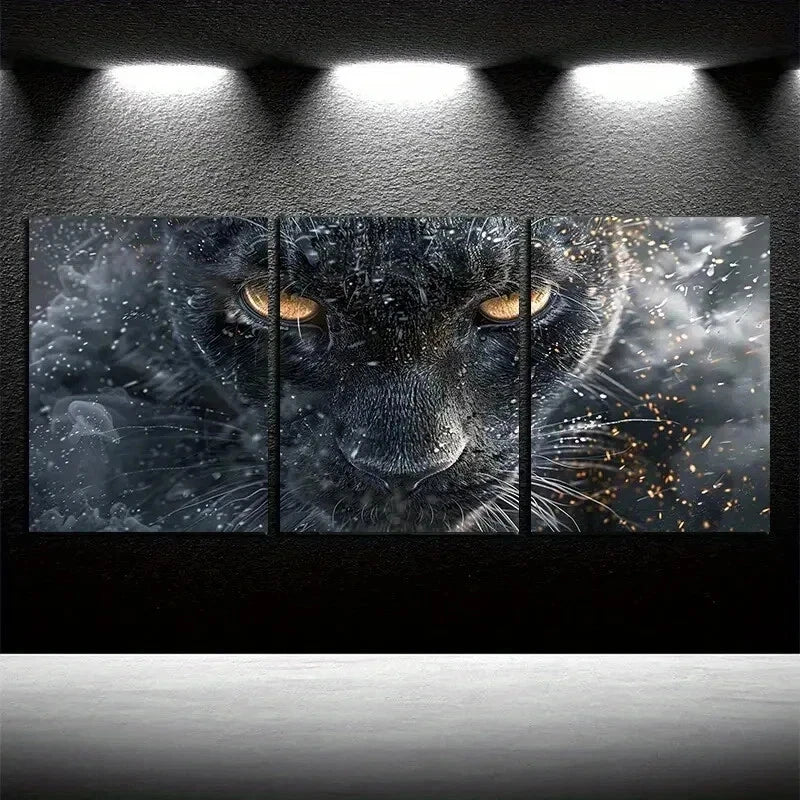 3pcs Black Cat Closeup Modern Wildlife Wall Art Set Canvas Framed 50x70cm - High Quality Print 100% Australian Made Wall Canvas Ready to Hang