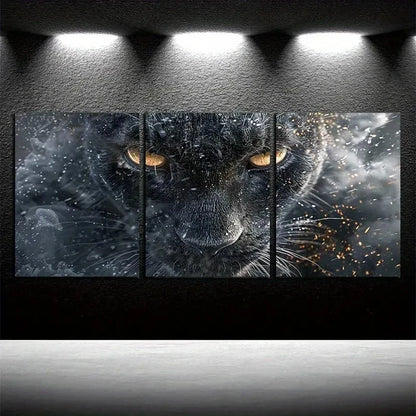 3pcs Black Cat Closeup Modern Wildlife Wall Art Set Canvas Framed 50x70cm - High Quality Print 100% Australian Made Wall Canvas Ready to Hang