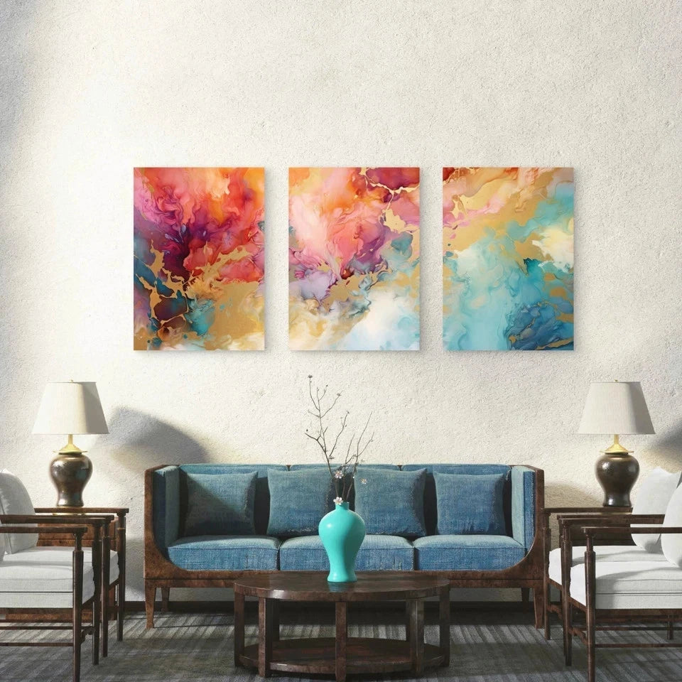 3pcs Vibrant Fusion Of Golden Elements Wall Art Set Canvas Framed 60x90cm - High Quality Print 100% Australian Made Wall Canvas Ready to Hang