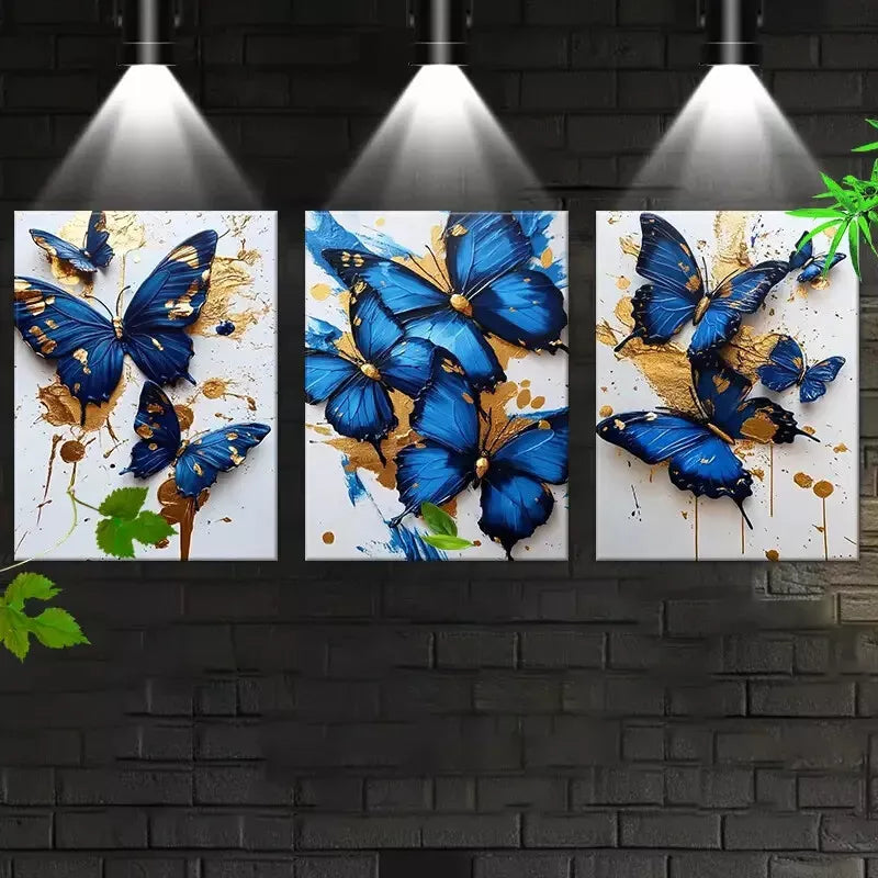 3pcs  Vintage Blue Butterfly Abstract Minimalist Wall Art Set Canvas Framed 50x70cm -  High Quality Print 100% Australian Made Wall Canvas Ready to Hang
