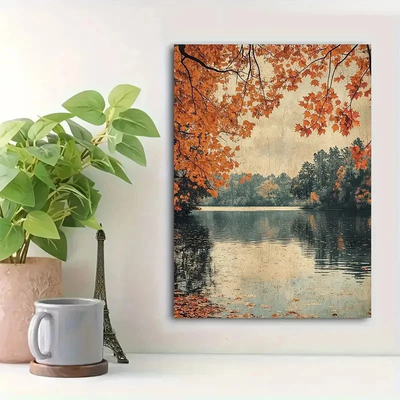 Beautiful Foliage Serene Lake Scene Painting 40x60cm Metal Print Ready to Hang
