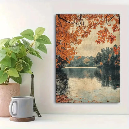 Beautiful Foliage Serene Lake Scene Painting 40x60cm Metal Print Ready to Hang