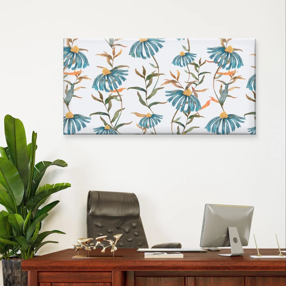 Blue Watercolor Daisy Floral Pattern Wall Art Canvas Office Home Framed 120x60cm