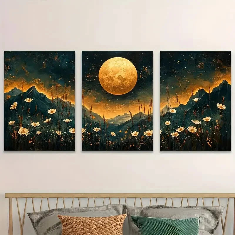 3pcs Full Moon Floral Night Sky White Perfect Wall Art Set Canvas Framed 40x60cm - High Quality Print 100% Australian Made Wall Canvas Ready to Hang