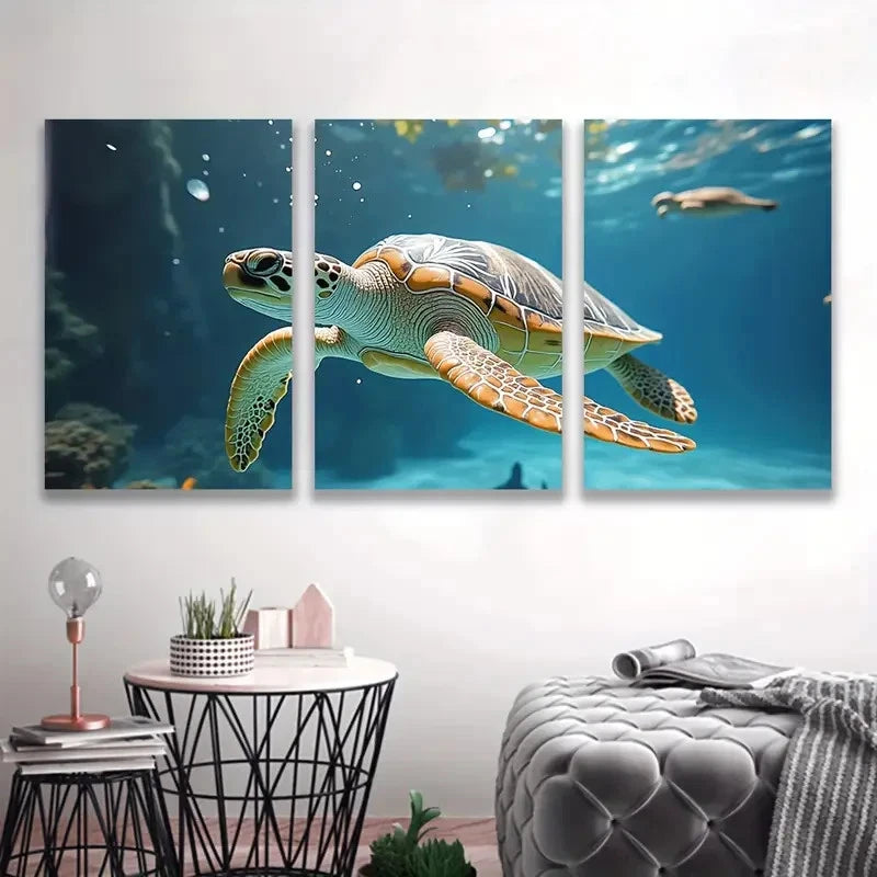3pcs Vibrant Sea Turtle Swimming Ocean Wall Art Set Canvas Framed 60x90cm - High Quality Print 100% Australian Made Wall Canvas Ready to Hang