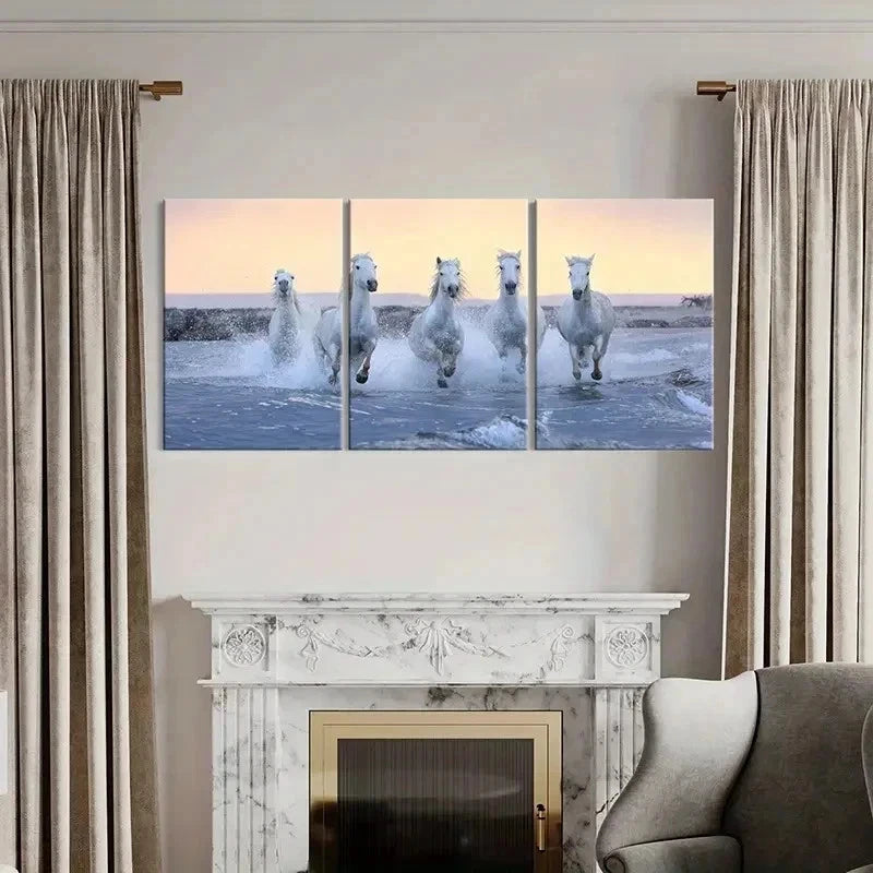 3pcs White Horses Running on the Beach Wall Art Set Canvas Framed 40x60cm - High Quality Print 100% Australian Made Wall Canvas Ready to Hang