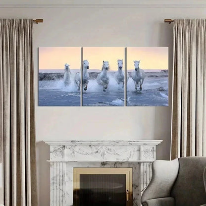 3pcs White Horses Running on the Beach Wall Art Set Canvas Framed 40x60cm - High Quality Print 100% Australian Made Wall Canvas Ready to Hang