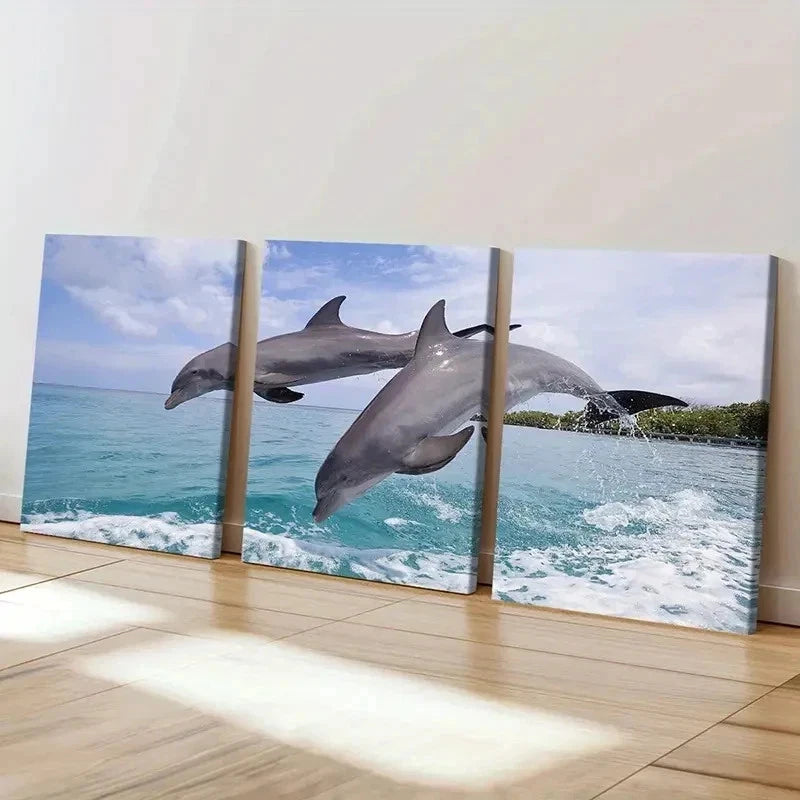 3pcs Dolphins Jumping Out Of The Sea Wall Art Set Canvas Framed 40x60cm - High Quality Print 100% Australian Made Wall Canvas Ready to Hang
