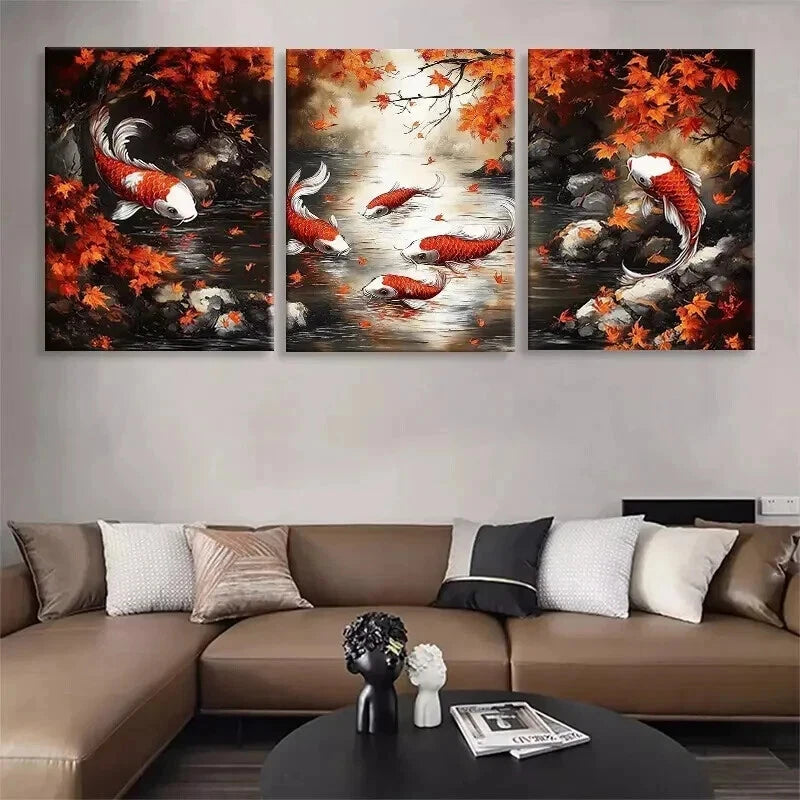 3pcs Japanese Koi Fish Japanese Koi Fish Perfect Wall Art Set Canvas Framed 40x60cm - High Quality Print 100% Australian Made Wall Canvas Ready to Hang