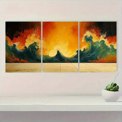 3pcs Vibrant Orange Green & Black Ocean Waves Metal Print Ready to Hang Art