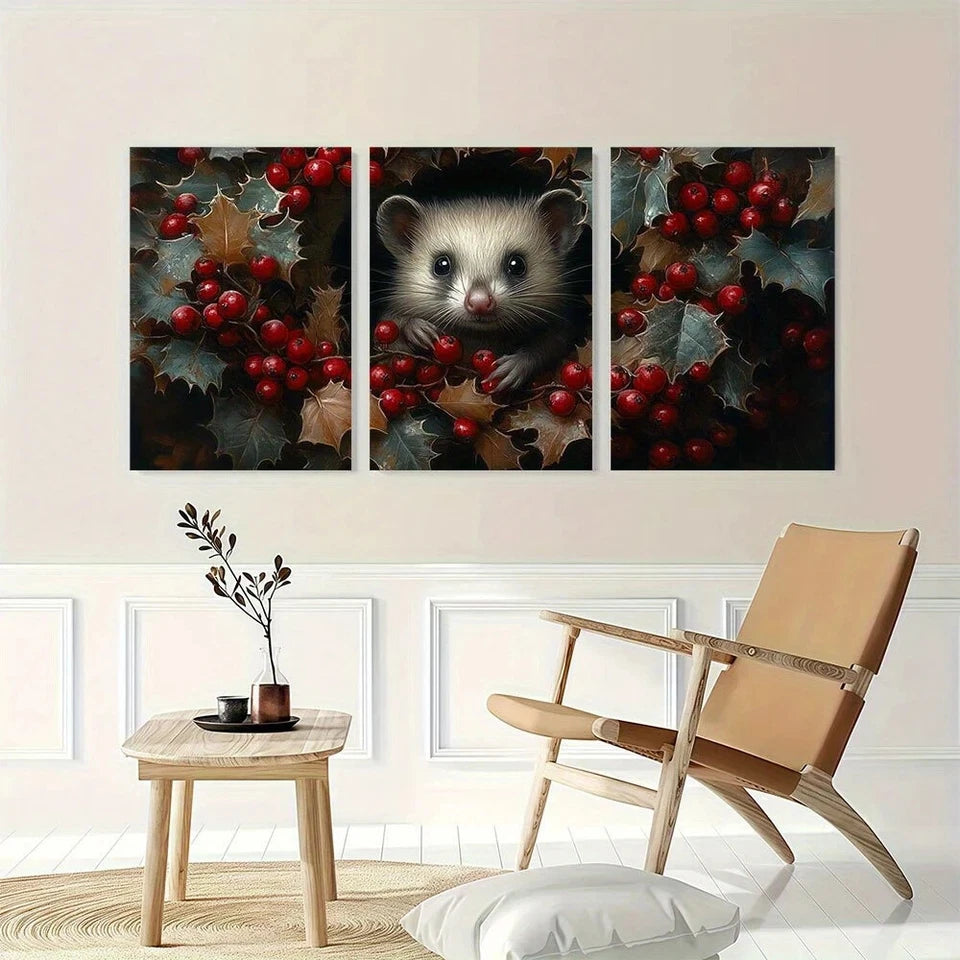 3pcs Green Leaves Red Fruits Animal Themed Metal Print Ready to Hang Art