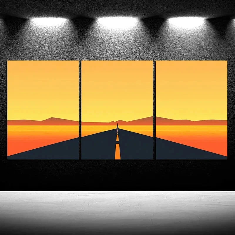 3pcs Sunset Glow Road Trio Orange Themed Metal Print Ready to Hang Art