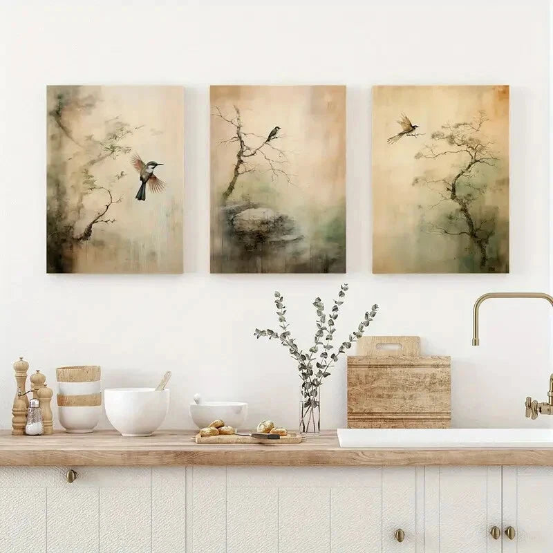 3pcs Serene Trees & Birds Green Mountain Metal Print Ready to Hang Art