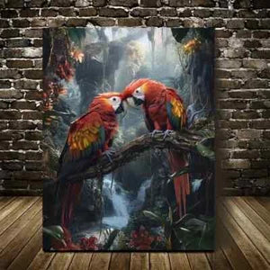 Colorful Jungle Scene with Playful Macaws 40x60cm Metal Print Ready to Hang