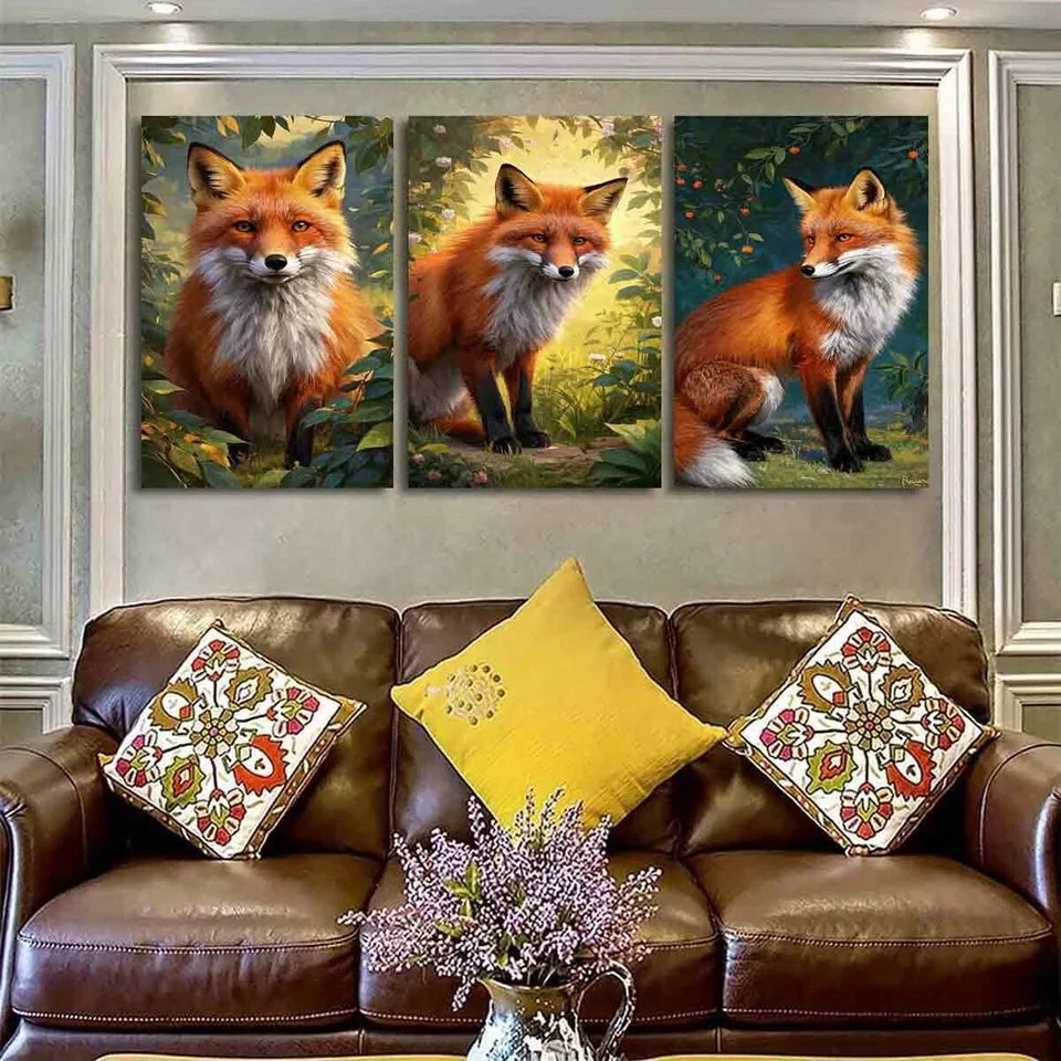 3pcs Lush Foliage & Sunlit Fantasy Fox Metal Print Ready to Hang Art