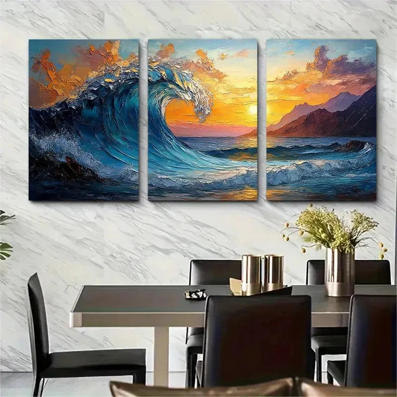 3pcs Ocean Wave Bright Textured Sunset Perfect Wall Art Set Canvas Framed 40x60cm - High Quality Print 100% Australian Made Wall Canvas Ready to Hang