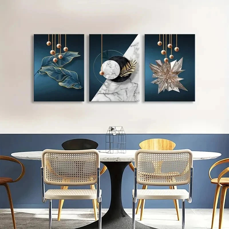 3pcs Blue and Golden Modern Painting Metal Print Ready to Hang Art