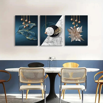 3pcs Blue and Golden Modern Painting Metal Print Ready to Hang Art