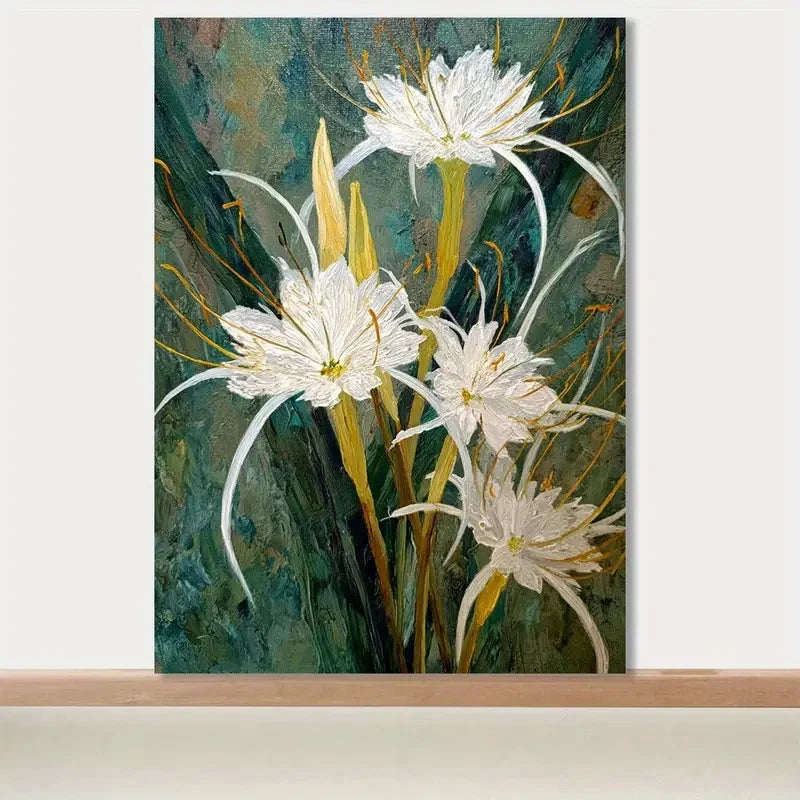 Flowers With Green & Golden Accents Painting 40x60cm Metal Print Ready to Hang