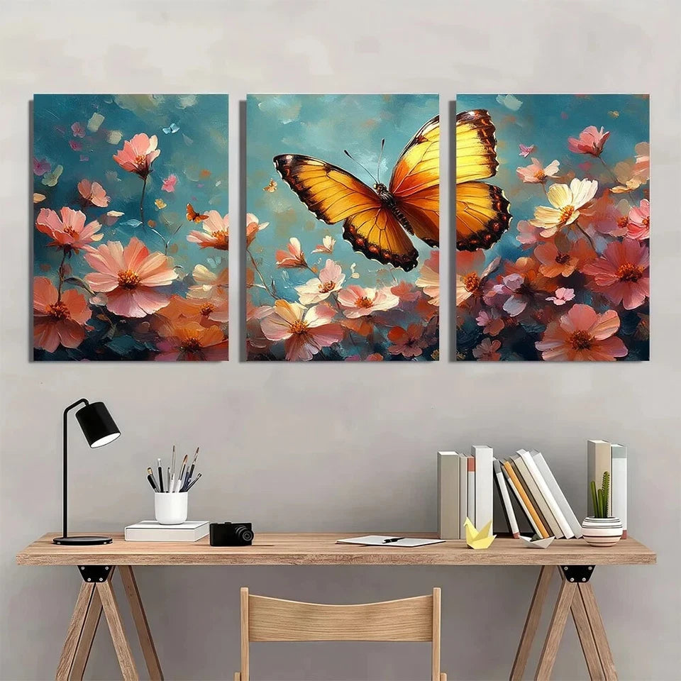 3pcs Vibrant Floral and Butterfly Metal Print Ready to Hang Art
