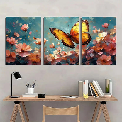 3pcs Vibrant Floral and Butterfly Metal Print Ready to Hang Art