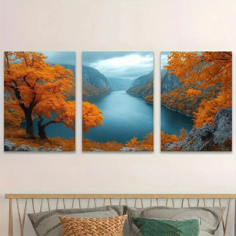 3pcs Danube River Autumn Foliage & Golden Trees Wall Art Set Canvas Framed 60x90cm - High Quality Print 100% Australian Made Wall Canvas Ready to Hang