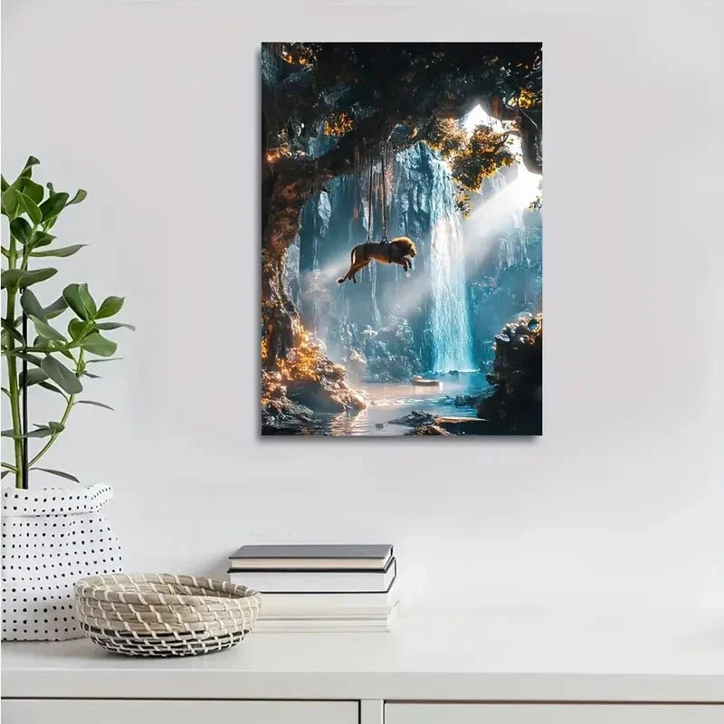 Cyberpunk Lion Swing Scene with Crystal Painting 40x60cm Metal Print Ready to Hang