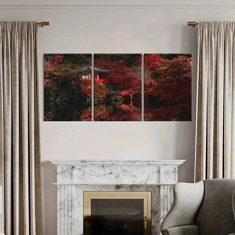 3pcs Japanese Red Maple Forest Modern Wall Art Set Canvas Framed 40x60cm - High Quality Print 100% Australian Made Wall Canvas Ready to Hang