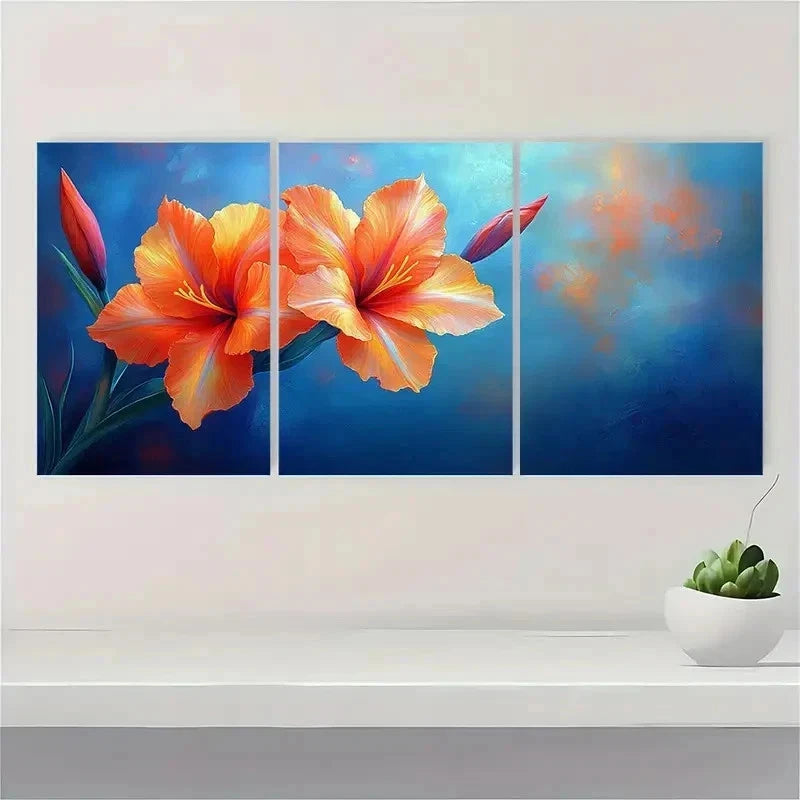 3pcs Vibrant Orange & Blue Floral Perfect Wall Art Set Canvas Framed 40x60cm - High Quality Print 100% Australian Made Wall Canvas Ready to Hang