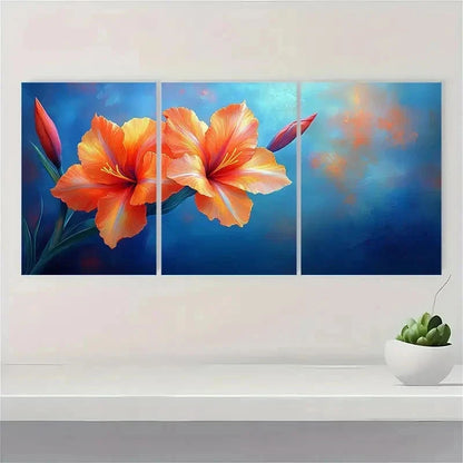 3pcs Vibrant Orange & Blue Floral Perfect Wall Art Set Canvas Framed 40x60cm - High Quality Print 100% Australian Made Wall Canvas Ready to Hang