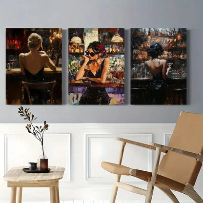 3pcs Stylish Wine Time Women at Bar  Metal Print Ready to Hang Art