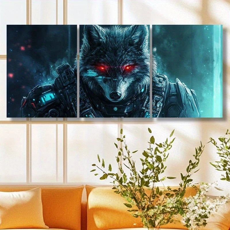 3pcs Painting Wolf Red Eyes Animal Themed Metal Print Ready to Hang Art