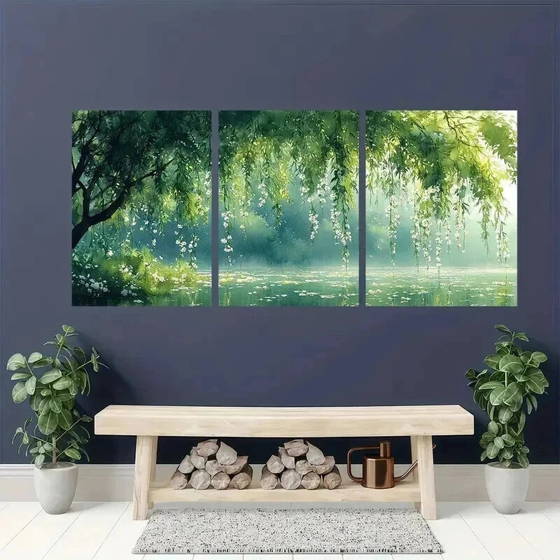 3pcs Serene Willow Tree & White Flower Landscape Wall Art Set Canvas Framed 40x60cm - High Quality Print 100% Australian Made Wall Canvas Ready to Hang
