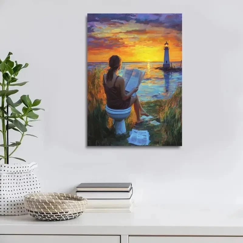 Beautiful Contemporary Lighthouse Sunset Painting 40x60cm Metal Print Ready to Hang