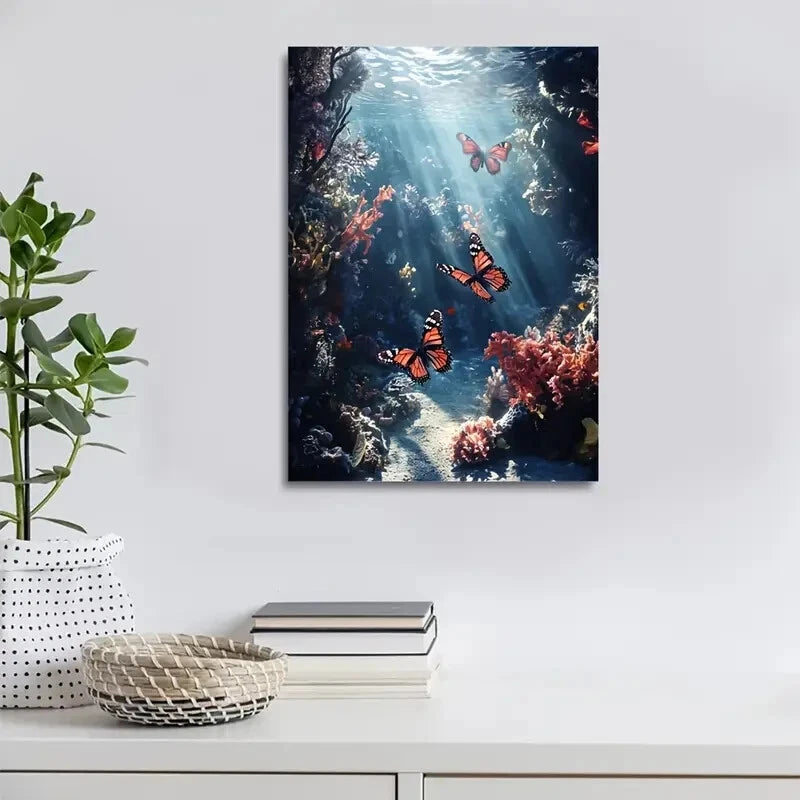 Surreal Underwater Coral Reef with Playful Butterflies 40x60cm Metal Print Ready to Hang