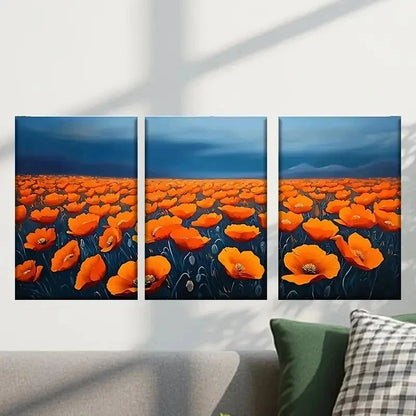 3pcs Orange Flowers in a Field & Dark Sky Wall Art Set Canvas Framed 40x60cm - High Quality Print 100% Australian Made Wall Canvas Ready to Hang